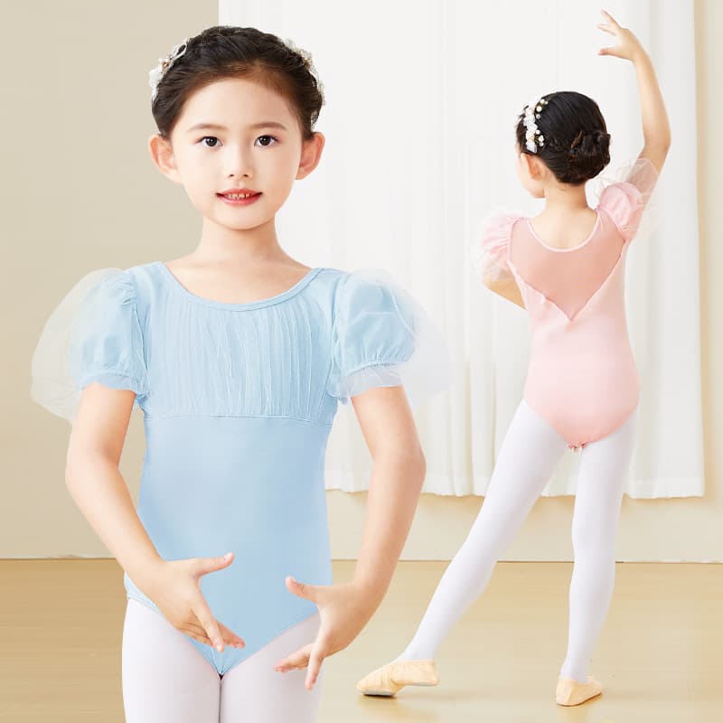 Girls' Dance Leotard Short Sleeve Summer Chinese Dance Bubble Sleeve Practice Wear Girls' Ballet Dress