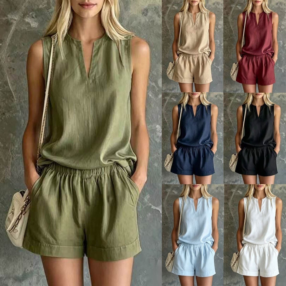 2026 Best Seller Solid Casual Two-Piece Set Sleeveless V-Neck Top Elastic Waist Pocket Shorts Vacation Women's Set