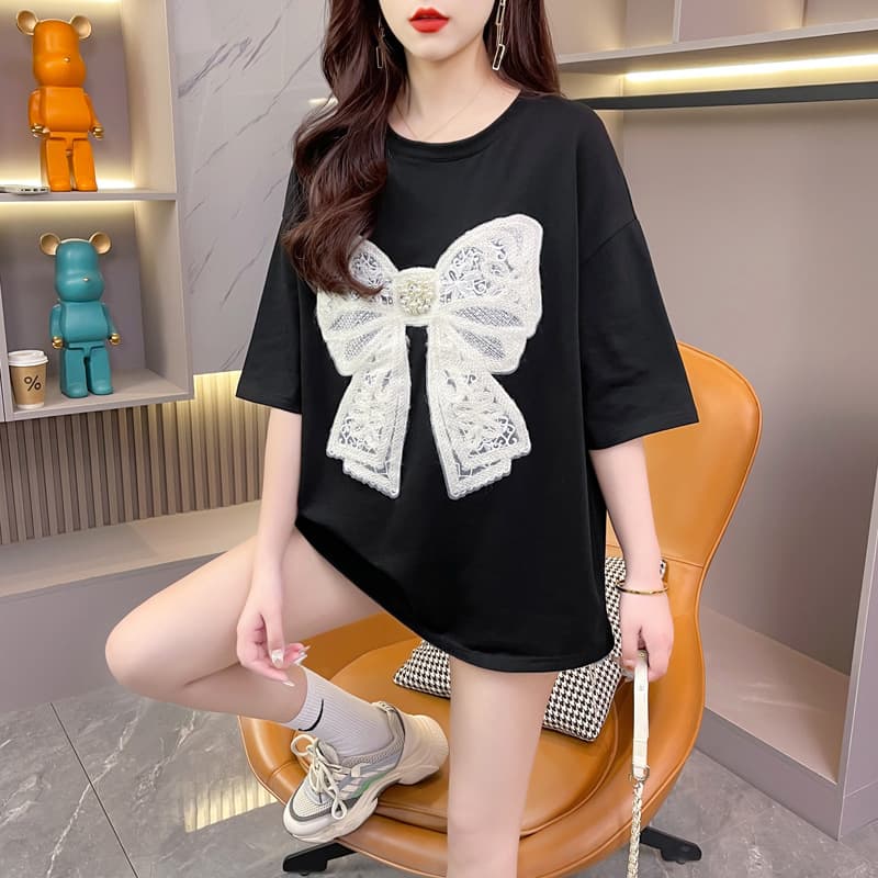 Loose Short Sleeve T-Shirt Women Summer Fashion Plus Size Korean Style Butterfly Knot Half Sleeve Top Cotton Crew Neck Tee