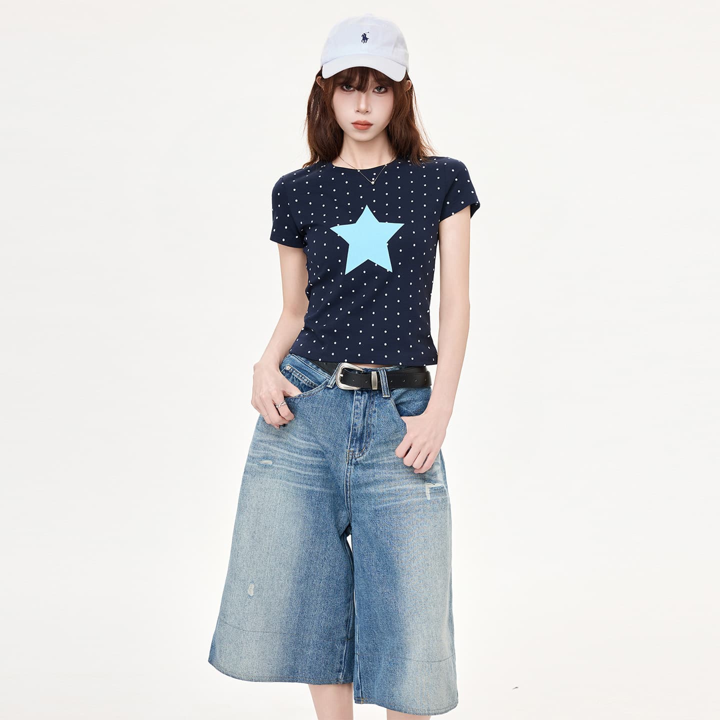 American Retro Style Navy Blue Polka Dot Star Print Short-Sleeve T-Shirt for Women, Summer 2026 Slim-Fit Cropped Top