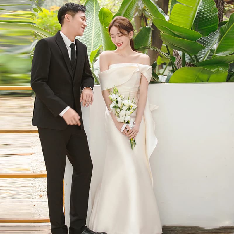 Satin One-Shoulder Light Wedding Dress, Fairy Forest Bride Outdoor Reception Dress, Elegant Simple White Evening Gown