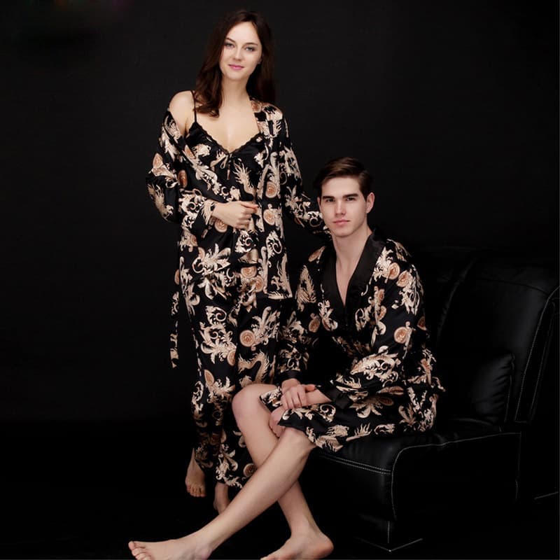 YaoTing Silk Ice Silk Couples Sleepwear Ladies Summer Three-Piece Long Sleeve Men's Robe Bathrobe Home Clothes