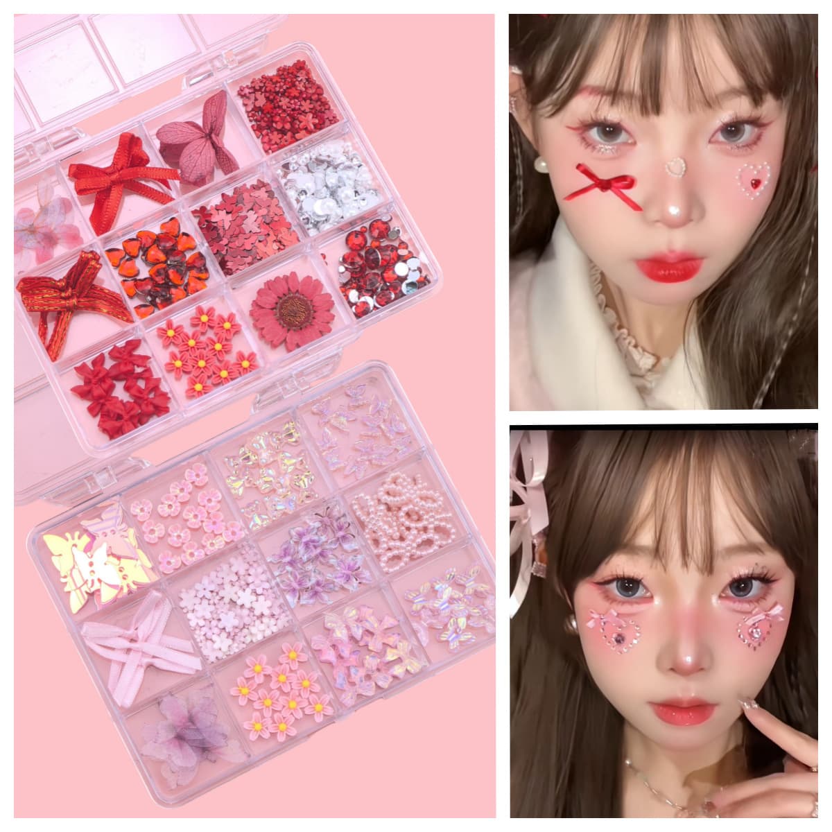 Cross-Border Hot Selling: Xiaohongshu Bow Face Sticker with Ribbon, Pearl, Diamond, Heart, and Five-Pointed Star Eye Makeup DIY Nail Art Accessories