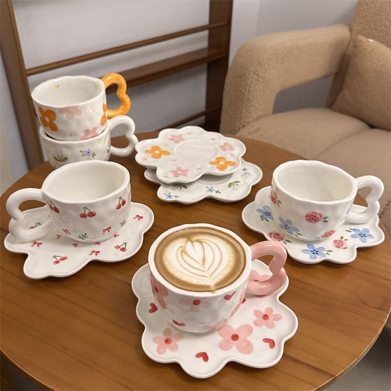 Creative Design Ceramic Cup and Plate Set Hand-Painted Coffee Cup Set Gift Love Heart Ins Style Home Living Mug Cup Plate Set