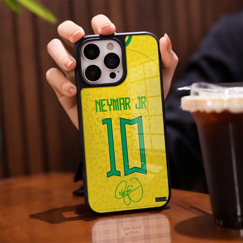 Brazil Team Neymar #10 Jersey Phone Case for Apple 14p Glass Case iPhone 16/15 World Cup Merchandise