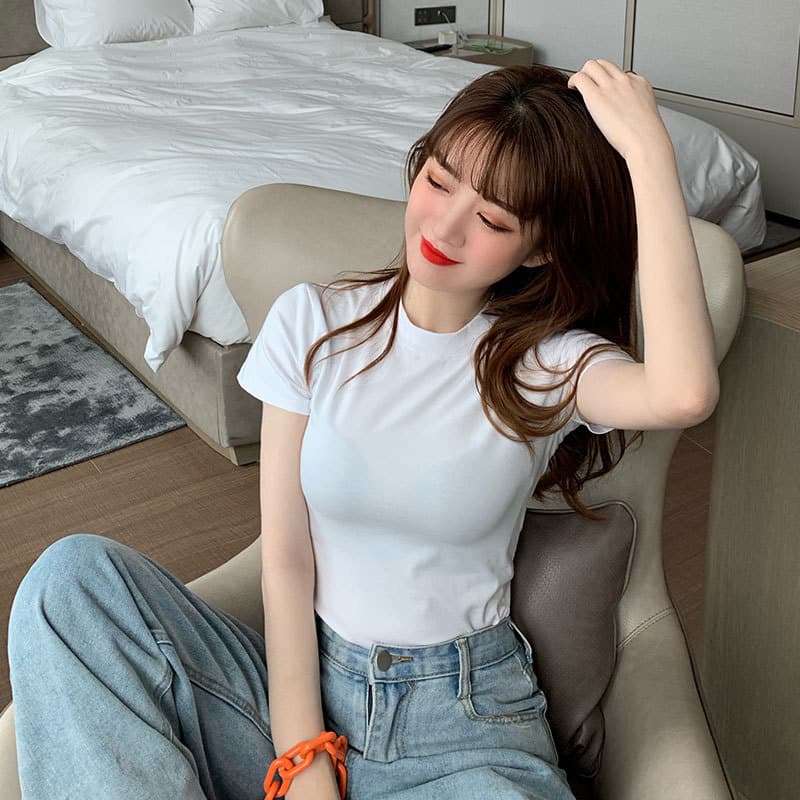 White Mock Neck T-Shirt Women 2023 New Korean Slim Fit Bodycon Top Fashion Base Layer Shirt 011