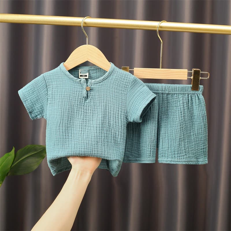 Children's Short Sleeve Summer Set Cotton Linen Button Short Sleeve T-Shirt and Shorts Thin Two-Piece Set for Boys and Girls