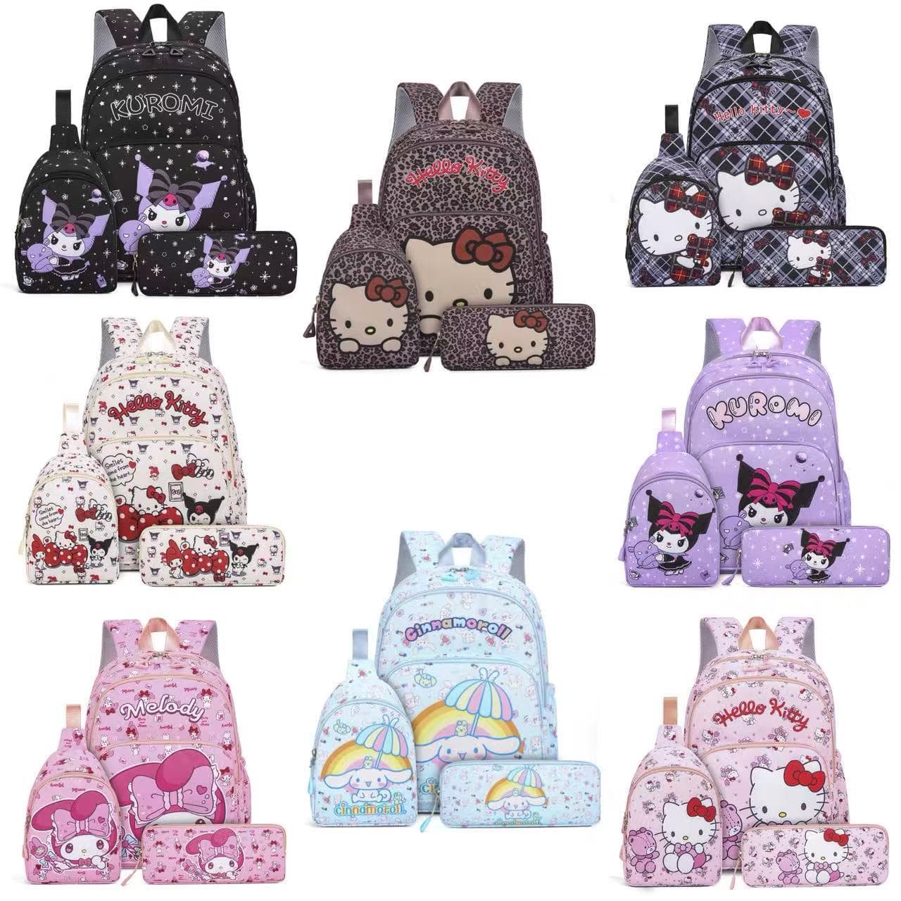 3-Piece Set Hello Kitty Backpack, Kuromi Student Schoolbag for Boys and Girls, Large Capacity Double-Shoulder Backpack, Casual Backpack