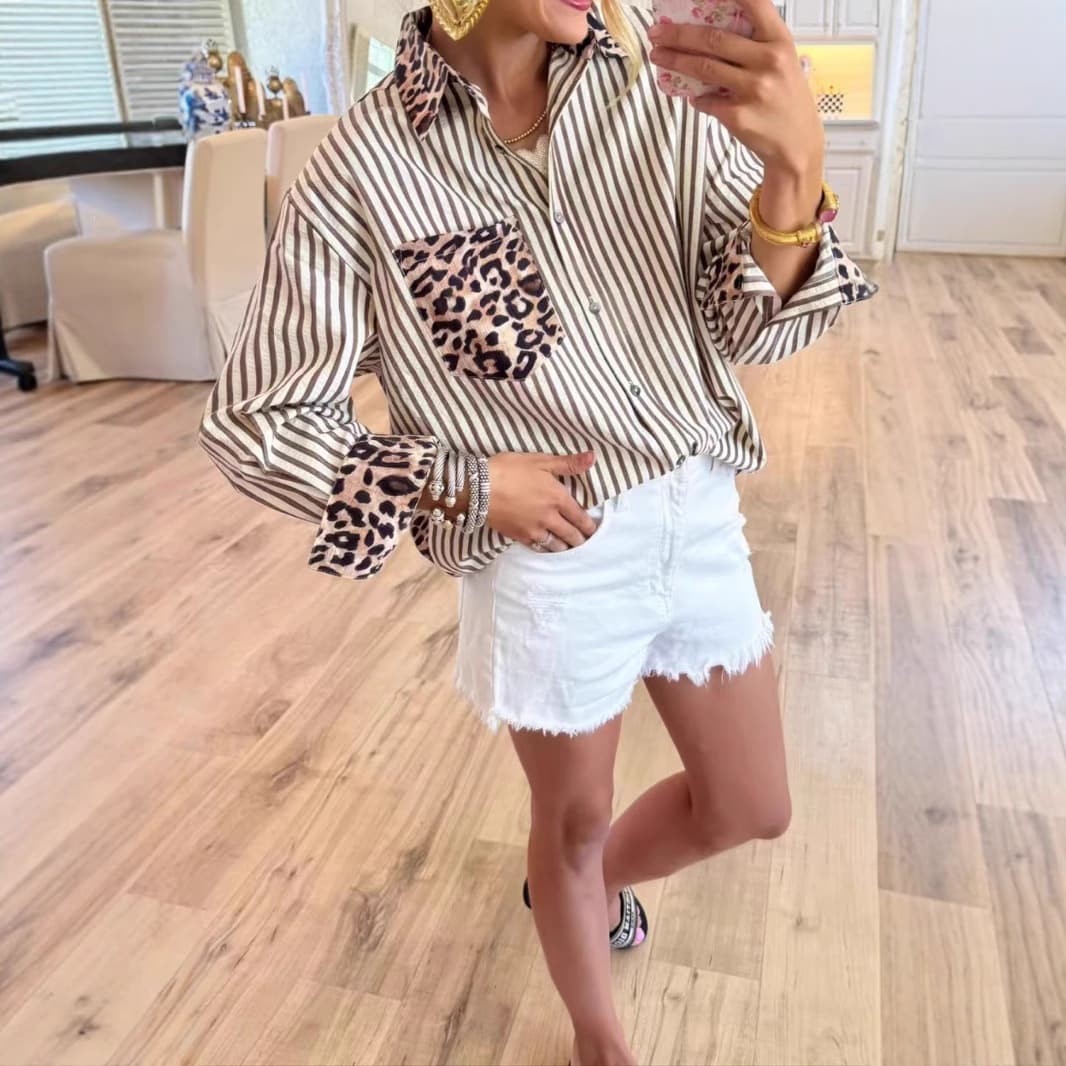 2025 Fall Cross-Border EU/US Women's Fashion Casual Long-Sleeve Leopard Print Patchwork Cardigan Striped Shirt Top