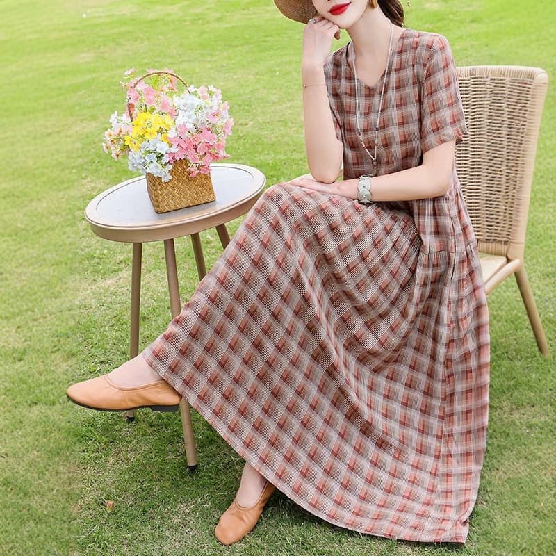 Summer New Cotton Silk Dress for Middle-aged Women, Plus Size, Slimming, Artificial Cotton Mid-length Dress