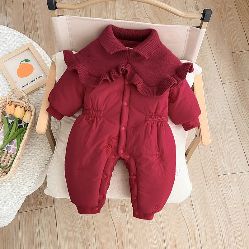 Baby Winter Romper Fleece-Lined Thickened Outwear Coat Red New Year Outfit for 100-Day-Old Baby