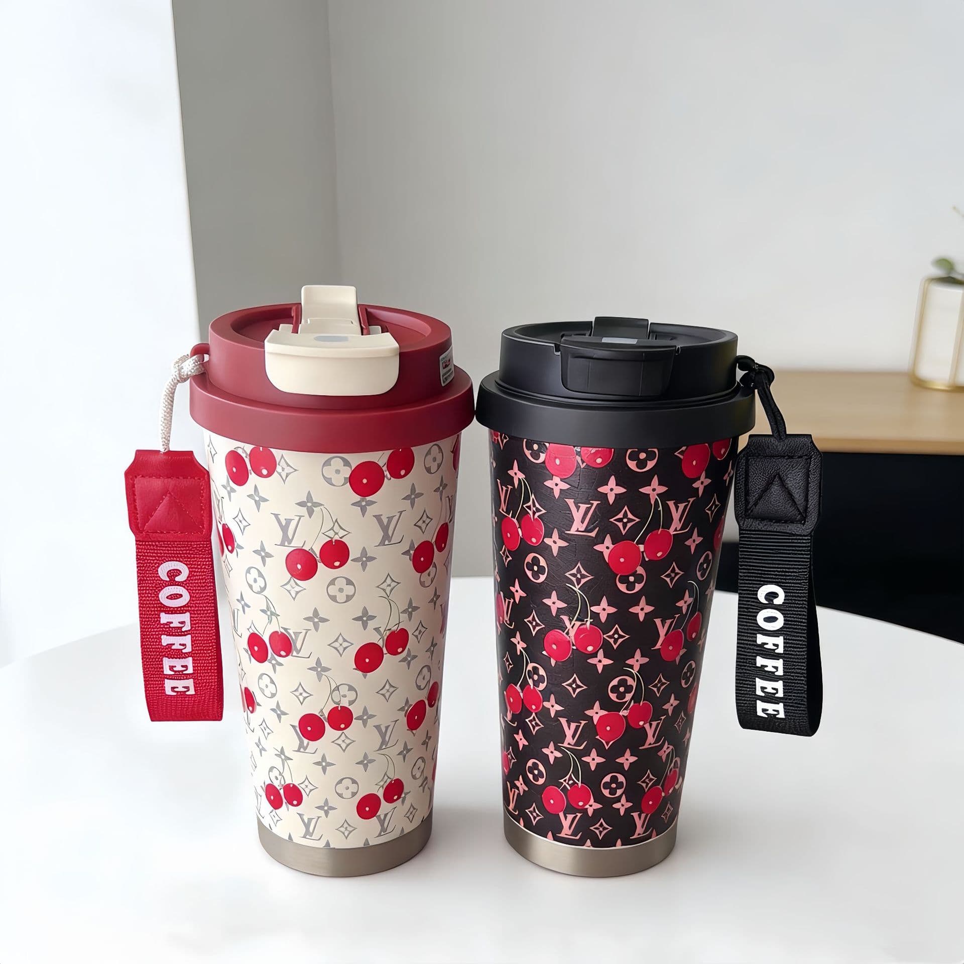 High-Quality Cherry Print Insulated Mug, Luxury Portable Coffee Cup, 316 Stainless Steel Car Cup