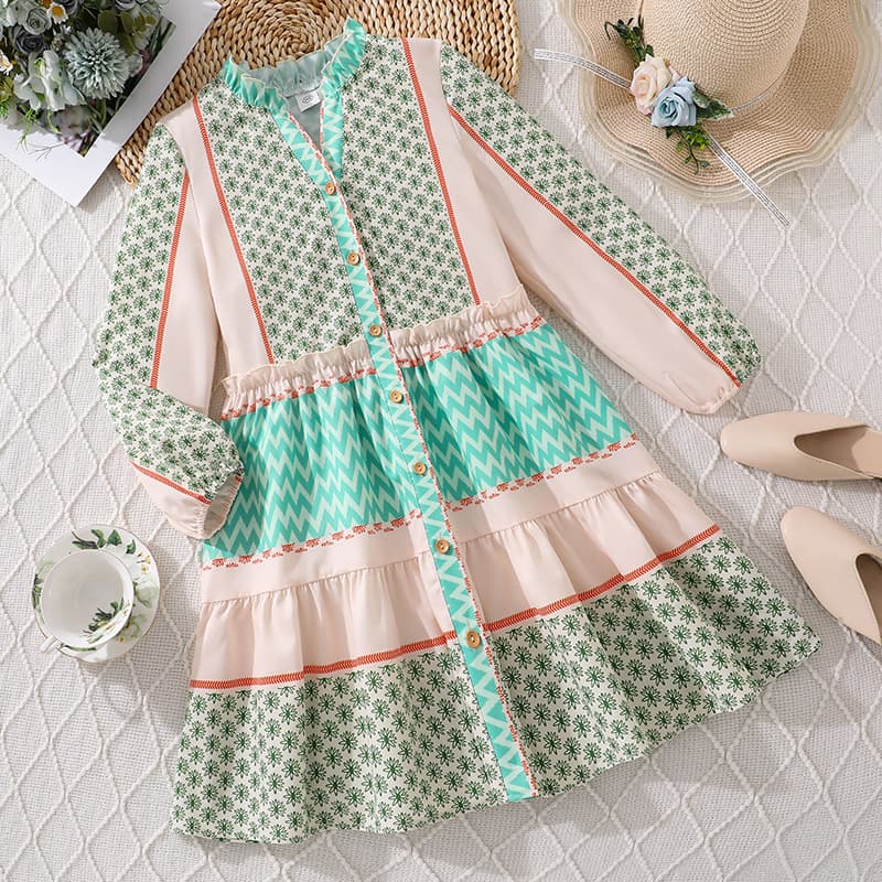 Cross-border Girls Dress 2026 Fall Amazon New Pastoral Style Color Block Print Long Sleeve Full Skirt Shirt Dress