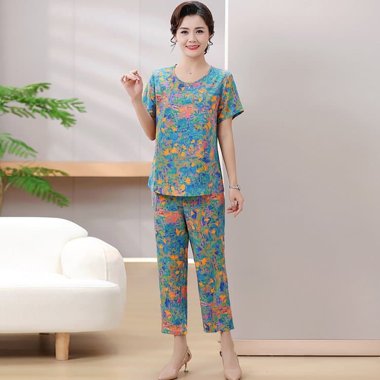 Two-piece cotton silk large size middle-aged mother's fashionable summer loose slimming foreign style thin short-sleeved grandma suit