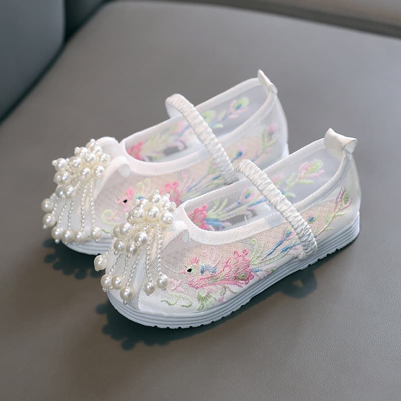 Girls' Mesh Shoes Breathable Hanfu Shoes Children's Ancient Style Embroidered Shoes Baby Costume Shoes New Chinese Style Horse Face Skirt Children's Shoes