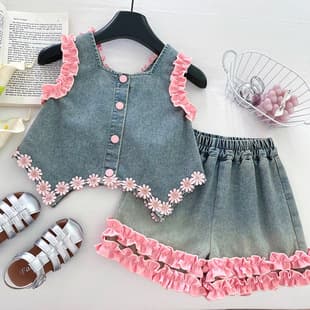 Girls' Bowknot Peter Pan Collar Blouse Shorts Set Summer 2026 New Lace Heart Hollow Denim Set Trendy