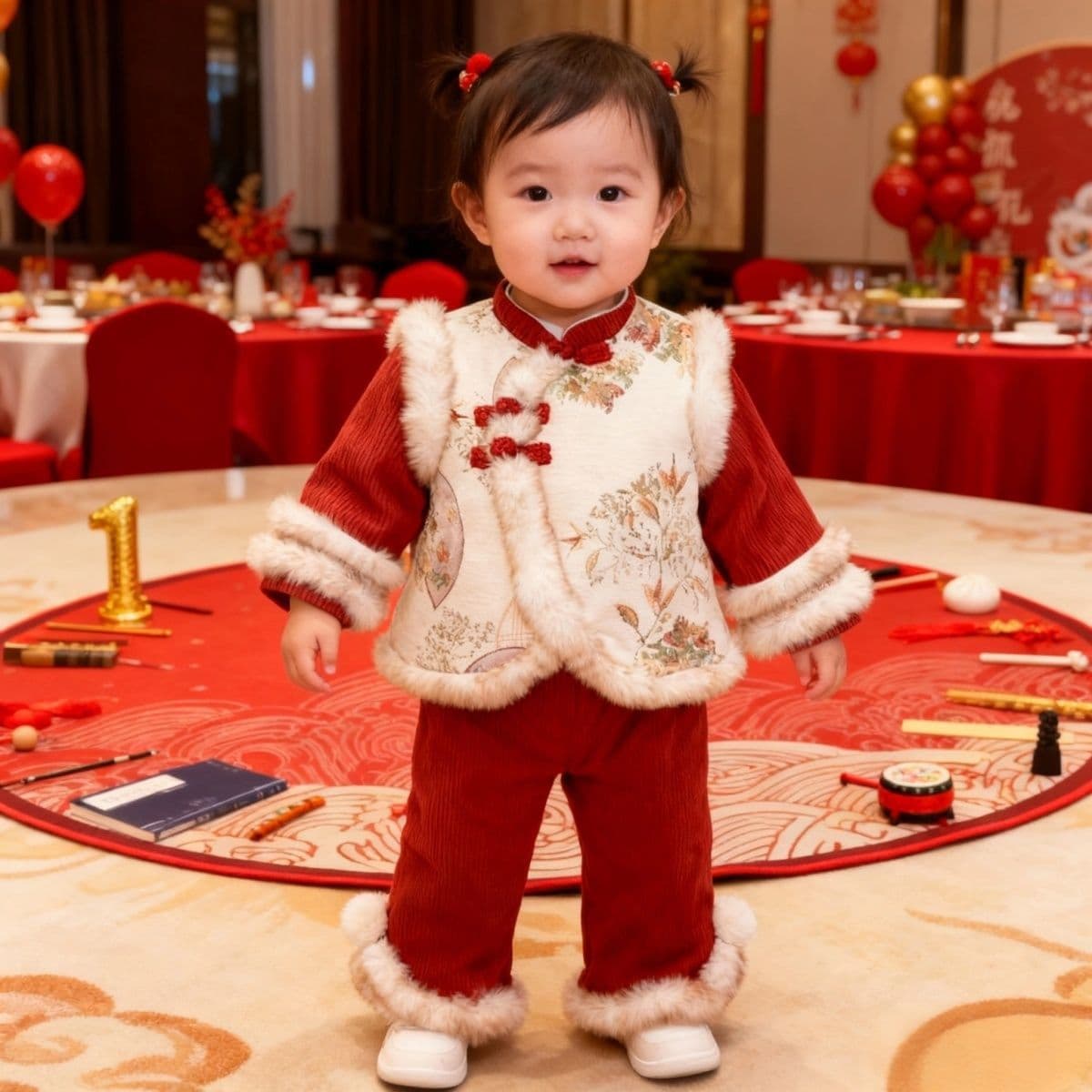 Baby Girl Zhuazhou Dress Winter Chinese Style Tang Suit Infant First Birthday Outfit Little Girl New Year Greeting Clothes