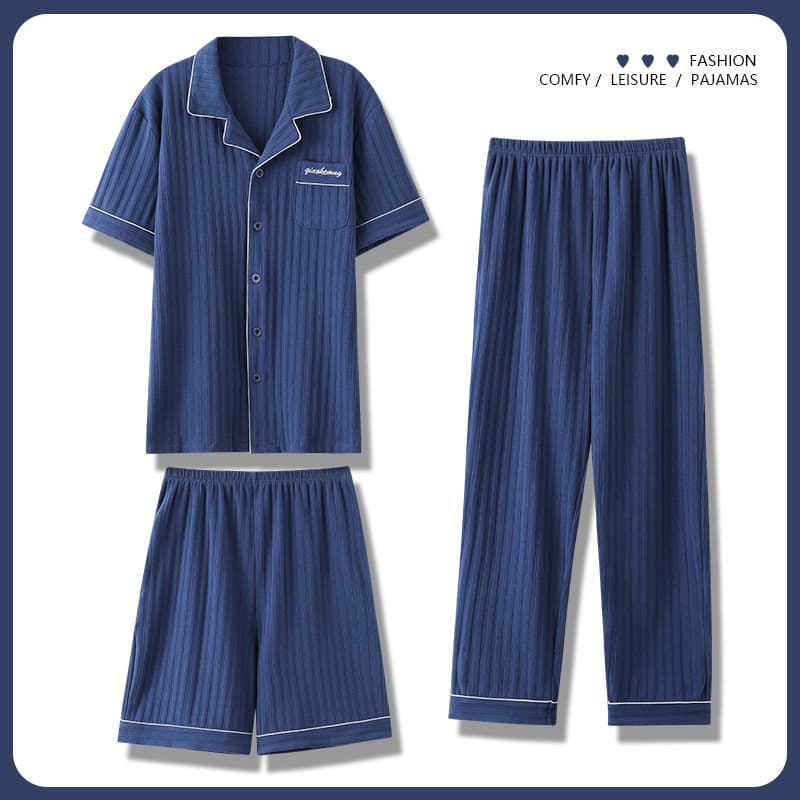 Three-Piece Pajama Set, Men's Summer Cotton Short-Sleeve Set, Casual Loose Youth Loungewear, Plus Size Suitable for Outdoor Wear