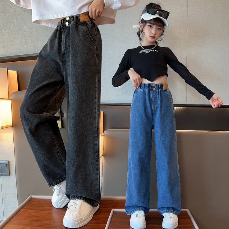 Girls' Labeled Denim Wide-Leg Pants 2025 Autumn Winter Wholesale Export Korean Style Casual Trousers for Older Children Trendy