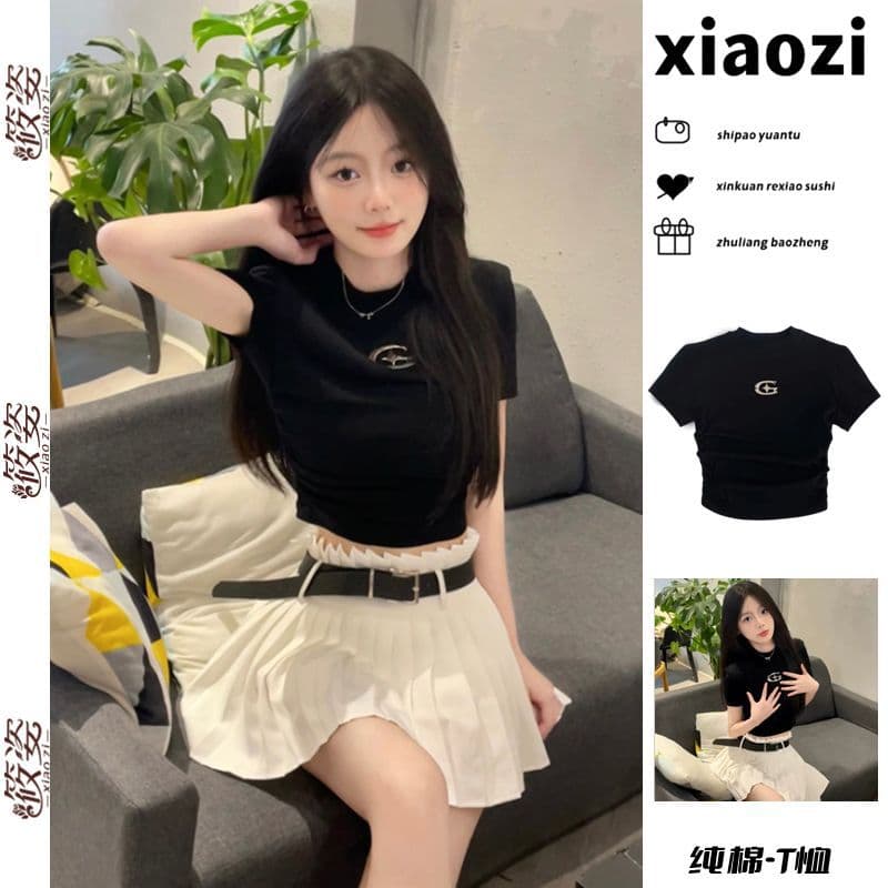 Xiaozi Black Cropped Short Sleeve T-Shirt for Women, Summer Design, Slim Fit, Short Length, Trendy Top