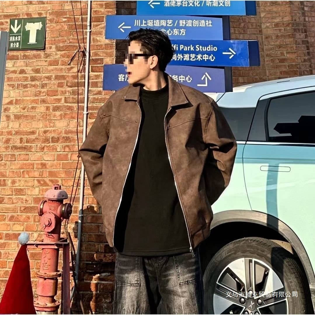 Men's Vintage American Style Rivet Jacket, Suede Lapel Baseball Jacket, Maillard Couple Leather Coat for Spring and Autumn