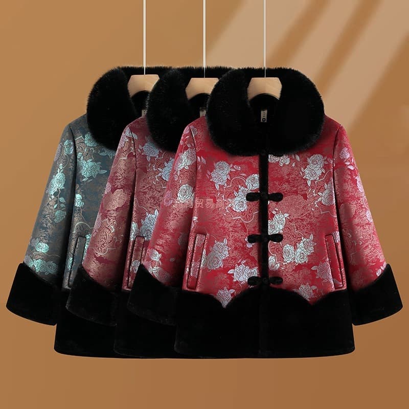 Grandma Winter Outerwear Middle-Aged and Elderly Fleece-Lined Thickened Cotton Jacket Women's Elderly Mother Winter Faux Fur Warm Coat