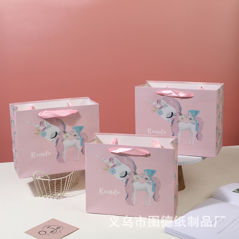 Pink Cartoon Gift Bag, Children's Day Party Favor Bag, Unicorn Tote Bag, Cute Birthday Gift Bag, Paper Bag