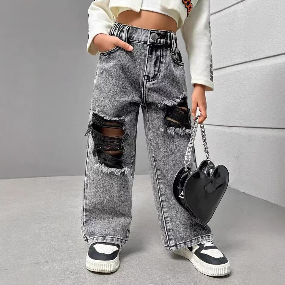 European and American street hot girl jeans, large children's wide-leg new jeans, pure cotton washed ripped cross-border jeans