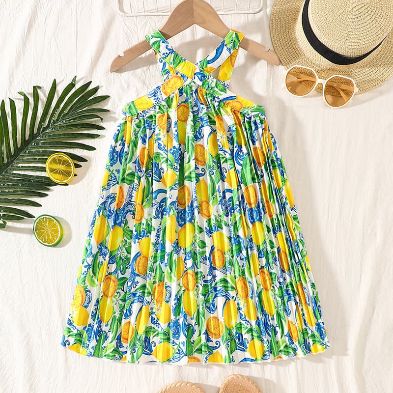 Girls Island Vacation Dress Lemon Print Cross Halter Neck Dress Summer Pleated Skirt Cross-Border Stock