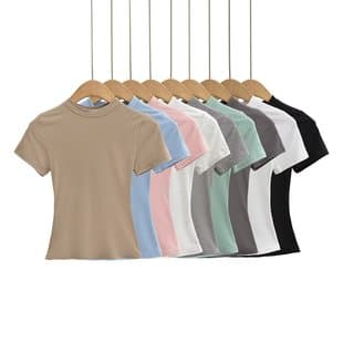 Solid Color Crew Neck Stretch Short-Sleeve T-Shirt 2024 Summer New Basic Fitted Top - Clearance Sale