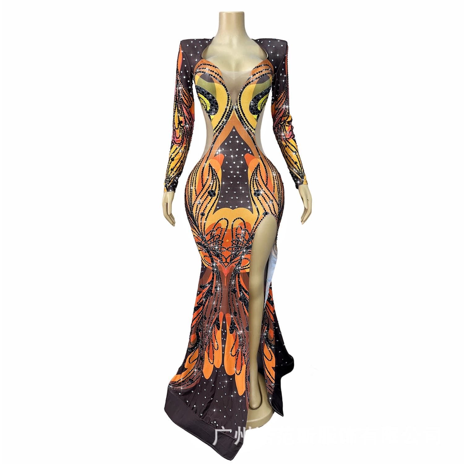 Overseas Large Collar Padded Shoulder Slimming Brown Slit Long Dress Singer Banquet Cocktail Party Evening Gown
