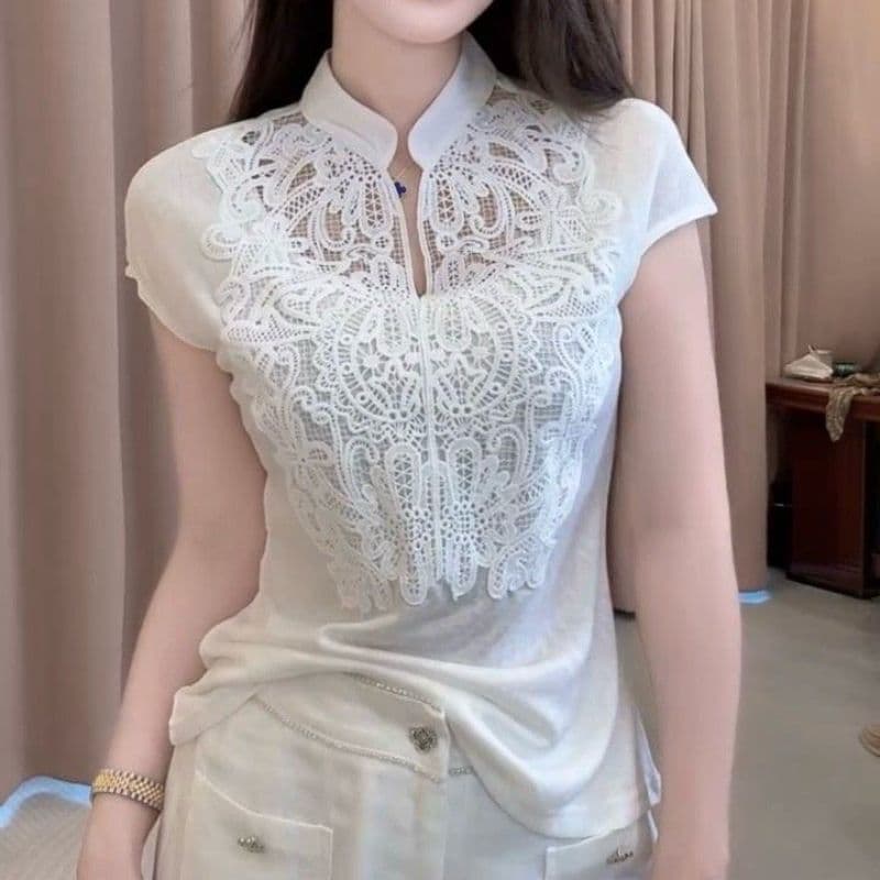 [Source Factory] Heavy Craft Lace Embroidery Elegant Stand Collar Short-Sleeve T-Shirt, Slim Fit, Flattering, Versatile Noble Top