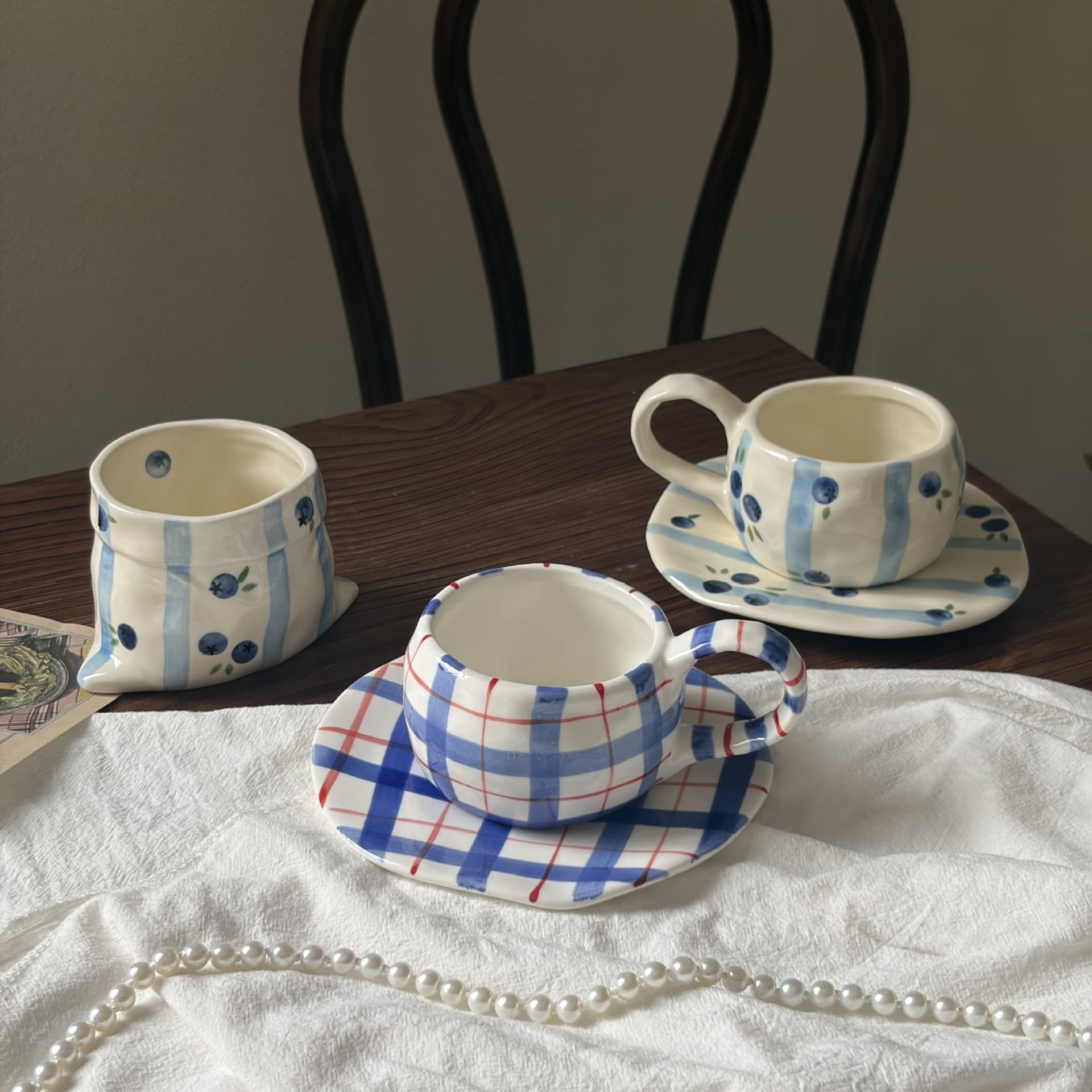 Ins-style Retro Blue Handmade Coffee Cup & Saucer, Hand-painted Blue Checkered Ceramic Cup & Saucer, High-Aesthetic Coffee Cup & Saucer