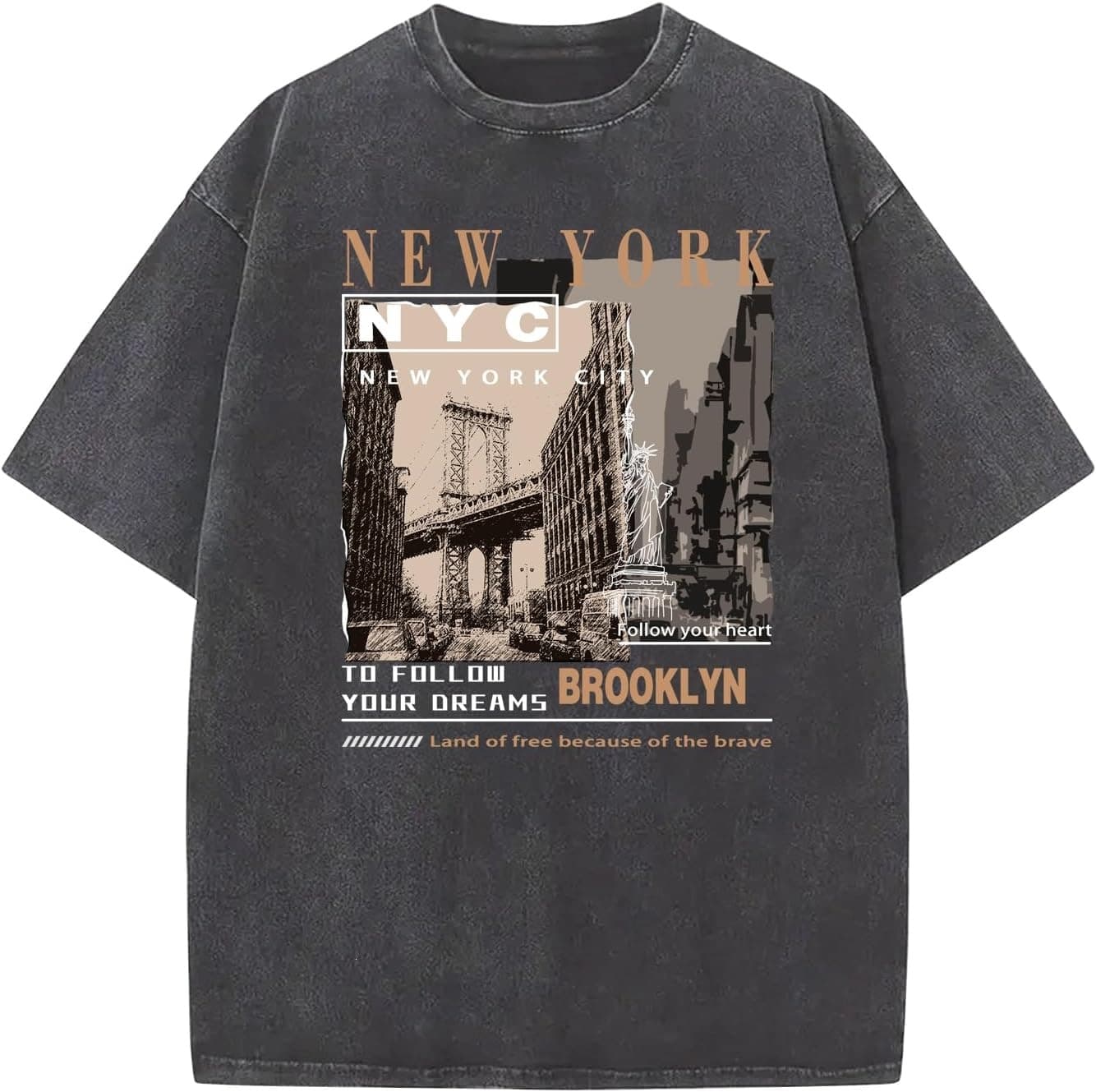 Graphic T-Shirt Men's New York Los Angeles Vintage Acid Washed Cotton T-Shirt Street Casual T-Shirt Top Gray