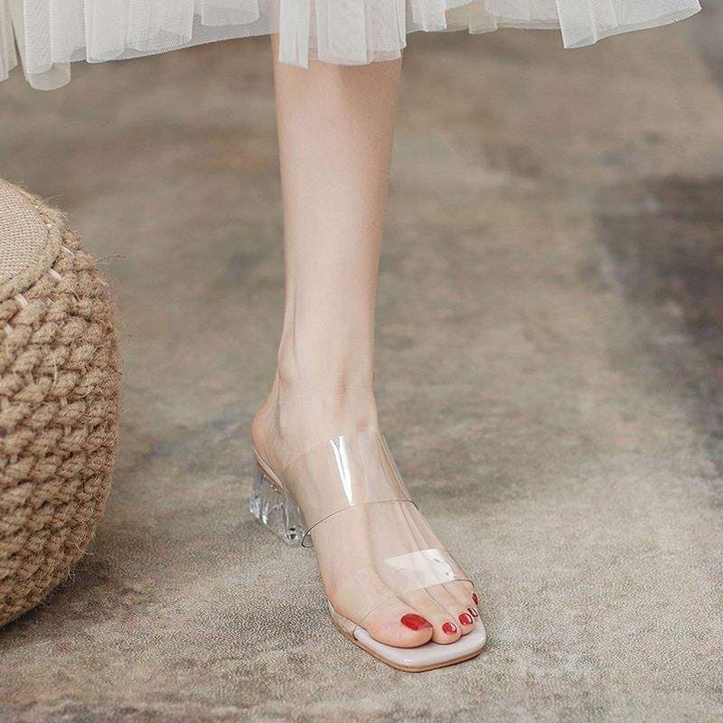 Dragonfly Soft Leather Sandals for Women, New Summer Fashion Outdoor Slippers, High Heels, Crystal Heels, Transparent Sandals