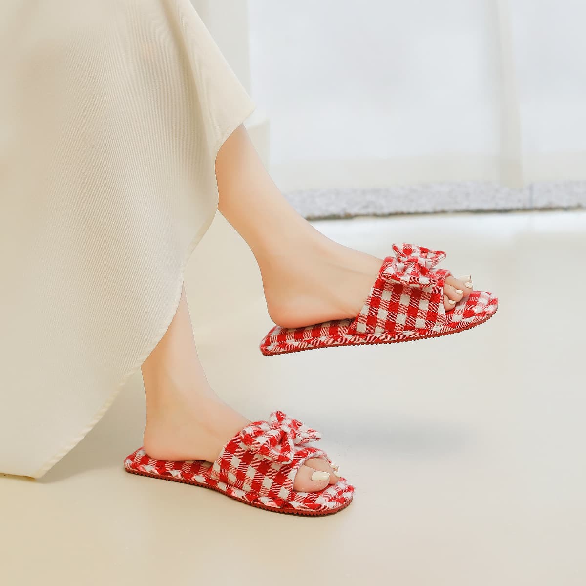 Halluci Four-Season Plaid Bow TPR Sole Anti-Slip Durable Indoor Home Slippers New Fabric Breathable for Women