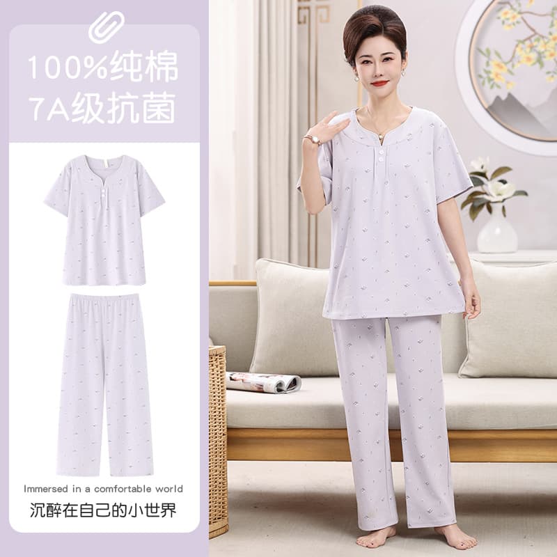 Middle-Aged and Elderly Women's Thin Plus-Size Casual Loose Home Wear Pajamas, Spring and Autumn Pure Cotton Long-Sleeve Pullover