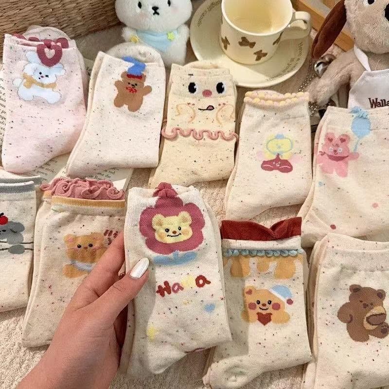 Japanese sweet stackable socks double-layer lace cartoon heart bear socks, personality dot yarn college style mid-calf socks.