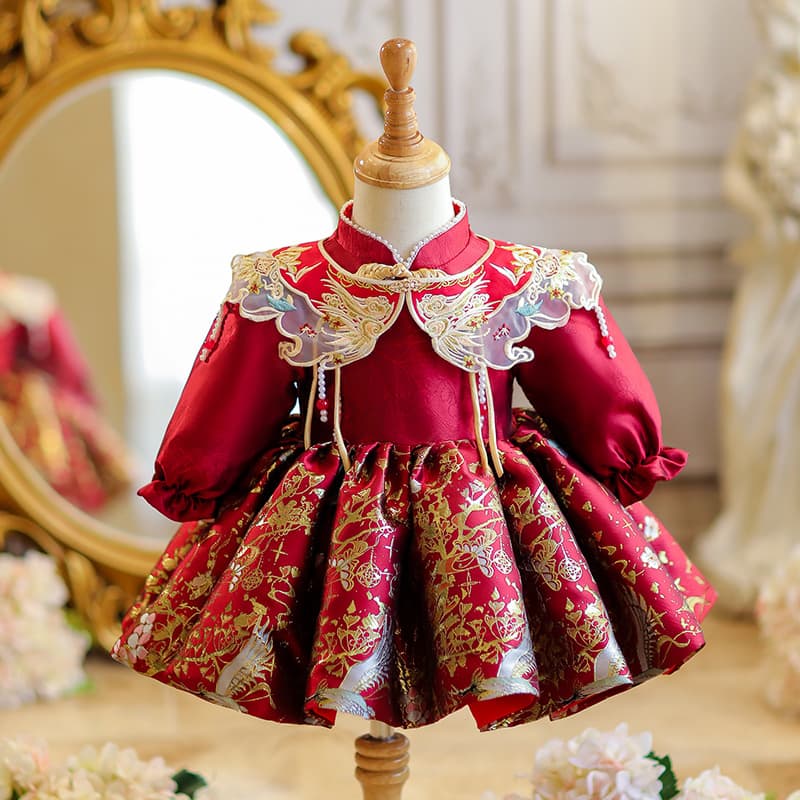 One-year-old baby girl's dress red festive baby's 100-day birthday party princess dress new Chinese style Tang suit crown