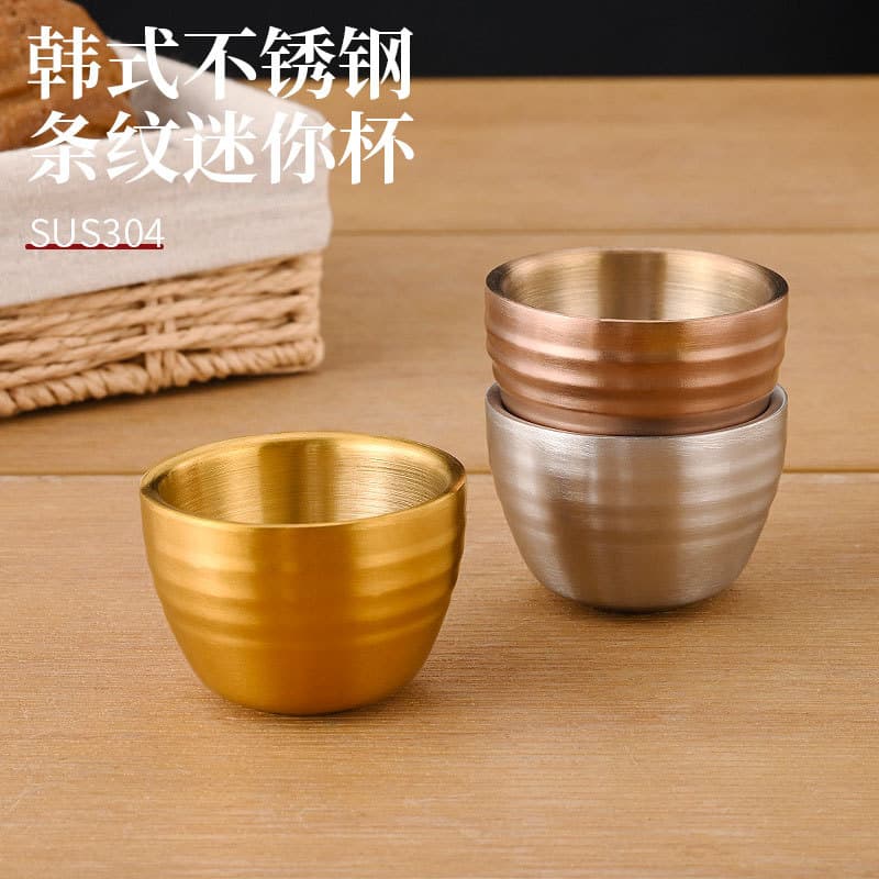 Direct Supply Korean Style 304 Stainless Steel Double Wall Striped Mini Cup Restaurant Baijiu Cup Sake Cup Spirit Glass