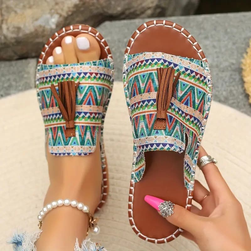 Bohemian Flat Sandals for Women 2025 Summer New European and American Tassel Women's Slippers Size 43 Beach Sandals Cross-border Large Size