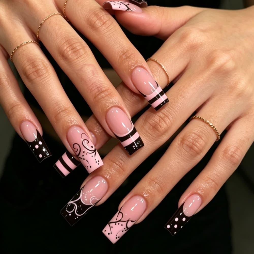 24-Piece Boxed Export-Exclusive Sweet and Cool Black-Pink Color-Block Vine Pattern Polka Dot French Mid-Length Press-On Nail Tips Wholesale