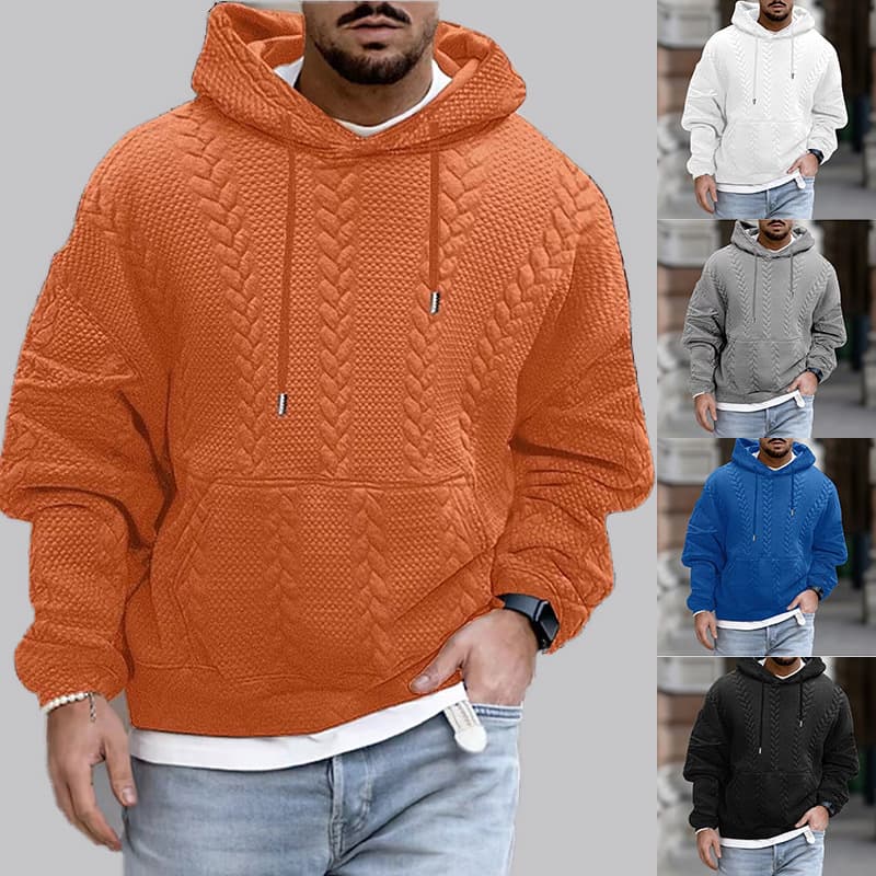 2025 foreign trade new autumn men's plus size casual coat jacquard hooded solid color lace-up long sleeve sweater men