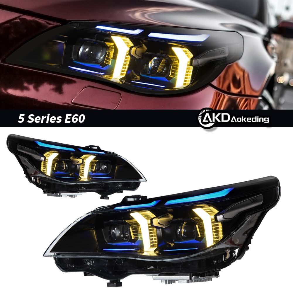 For 03-10 BMW 5 Series E60 Headlight Assembly Modified Snake Eye Style LED Dual Color Daytime Running Light Projector Light