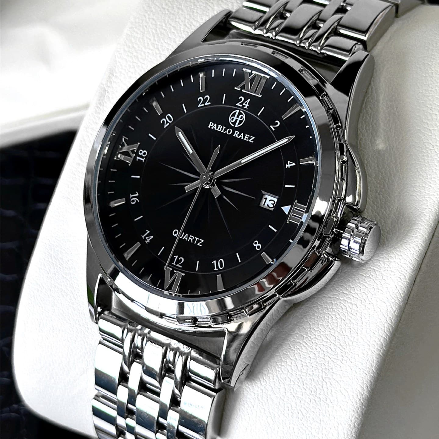 New large dial watch, fashionable and high-end men's watch, silver stainless steel butterfly buckle waterproof quartz watch