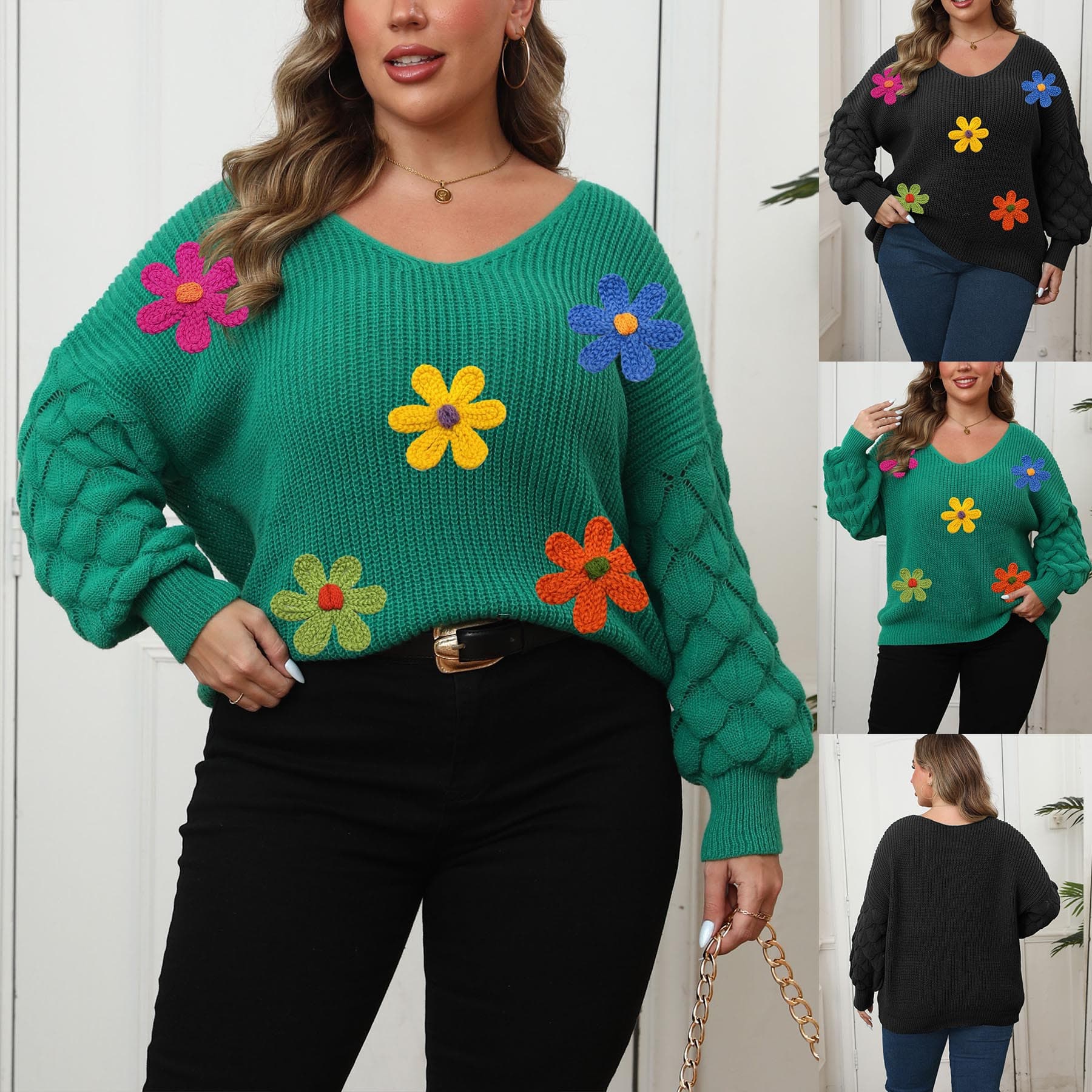 Plus Size Women's Sweater with Pineapple Sleeves, Deep V-Neck Undershirt, 3D Yarn Embroidered Flower Patchwork Pullover Top