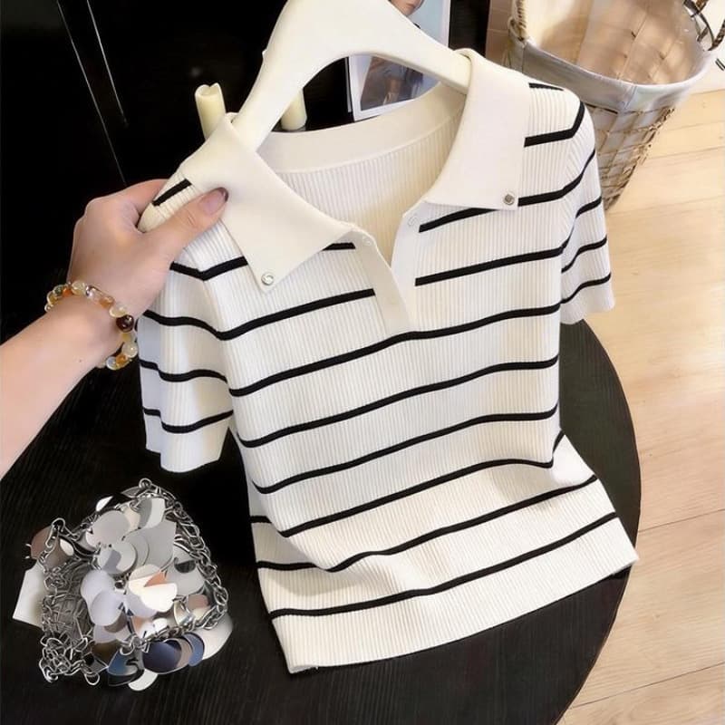Striped Silk Short-Sleeve T-Shirt for Women, Summer New Fashion, Age-Reducing, Versatile, Commuter Style, Turn-Down Collar, Ice Silk Knit Top