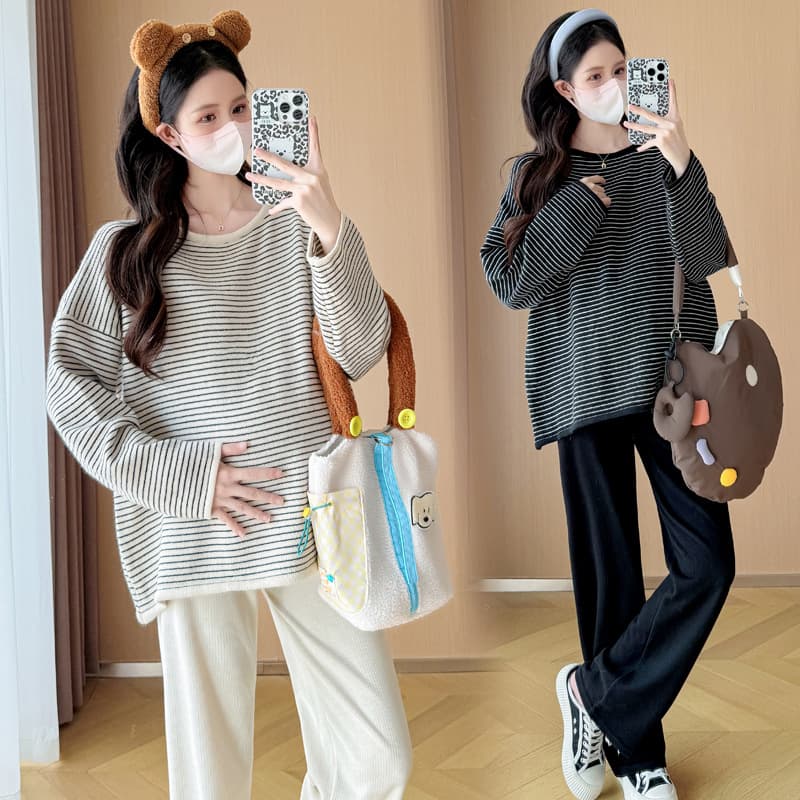 Maternity Wear Round Neck Striped Sweater Autumn/Winter New Lazy Style Casual Loose Slim Versatile Pullover Top