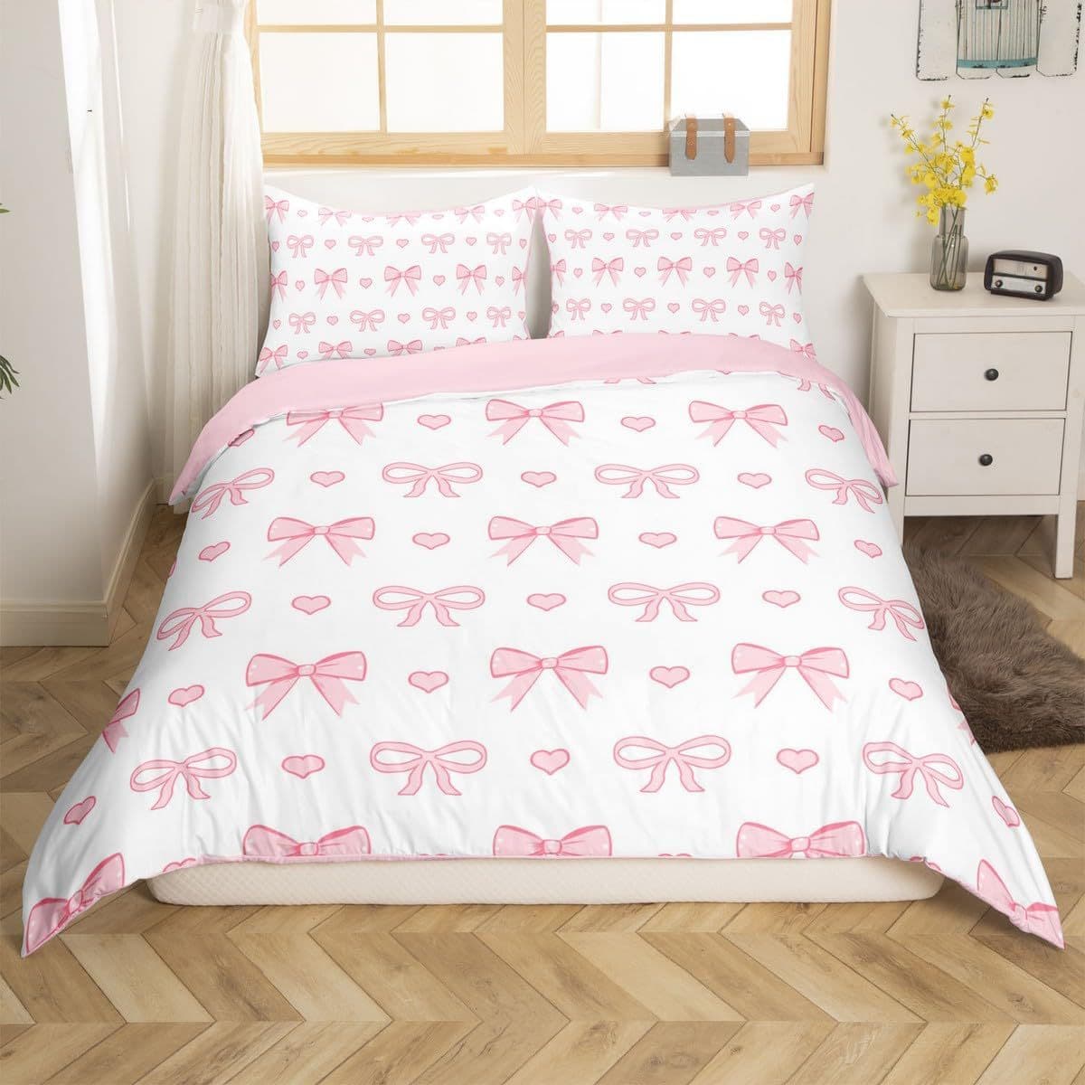 Girls Bowknot Bedding Set Teen Pink Bowknot Duvet Cover Princess Bowknot Bedding Set