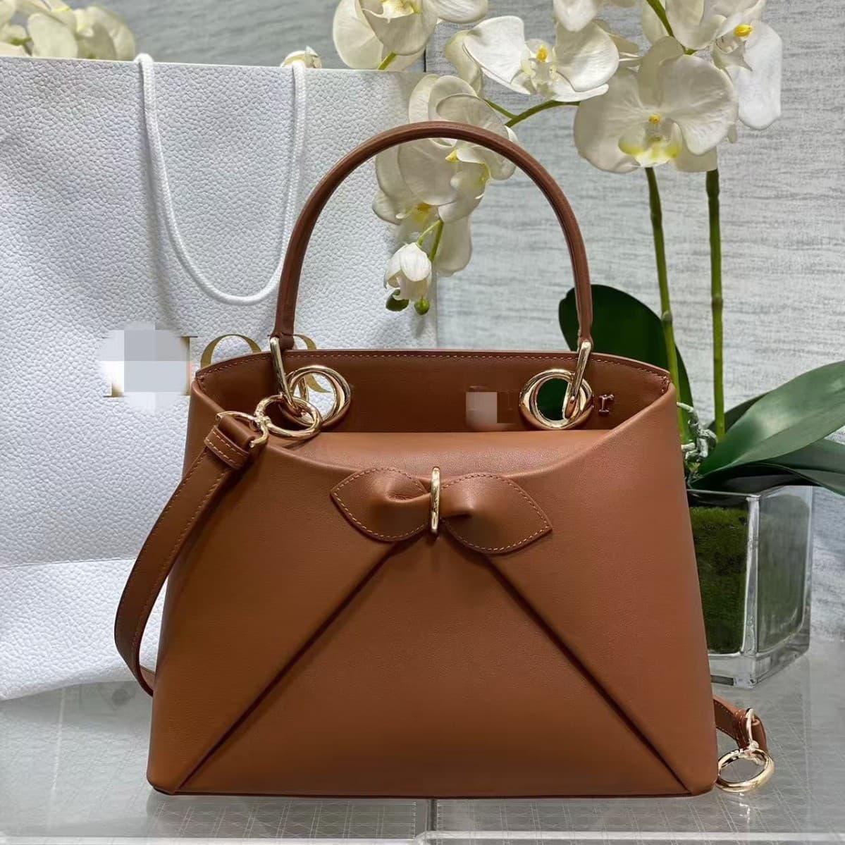 (Guangzhou cross-border original factory leather) D-brand classic monogram fabric high-end fashion bow shoulder crossbody bag